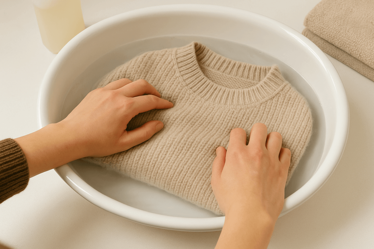 A person gently hand washing a merino sweater in a basin